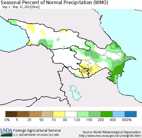 Azerbaijan, Armenia and Georgia Seasonal Percent of Normal Precipitation (WMO) Thematic Map For 9/1/2022 - 5/31/2023