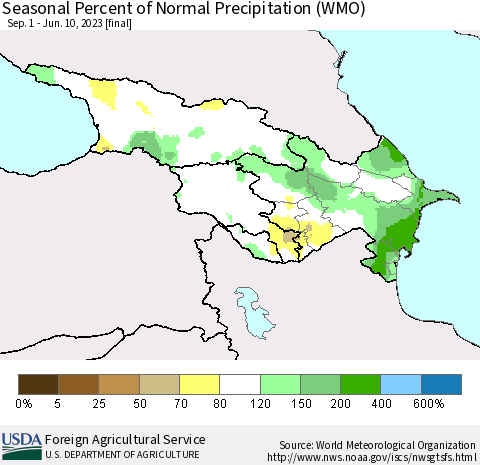 Azerbaijan, Armenia and Georgia Seasonal Percent of Normal Precipitation (WMO) Thematic Map For 9/1/2022 - 6/10/2023