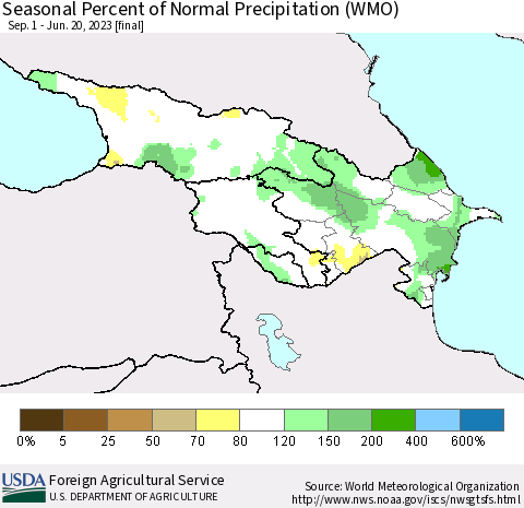 Azerbaijan, Armenia and Georgia Seasonal Percent of Normal Precipitation (WMO) Thematic Map For 9/1/2022 - 6/20/2023