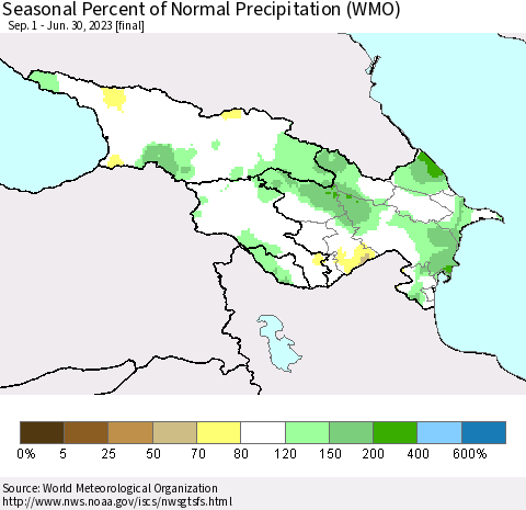 Azerbaijan, Armenia and Georgia Seasonal Percent of Normal Precipitation (WMO) Thematic Map For 9/1/2022 - 6/30/2023