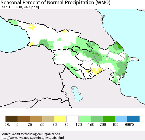 Azerbaijan, Armenia and Georgia Seasonal Percent of Normal Precipitation (WMO) Thematic Map For 9/1/2022 - 7/10/2023