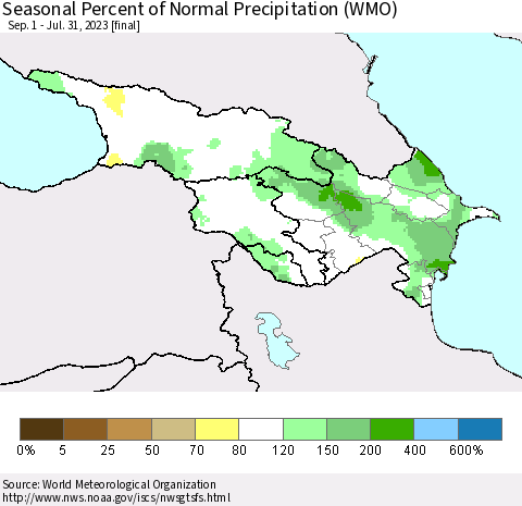 Azerbaijan, Armenia and Georgia Seasonal Percent of Normal Precipitation (WMO) Thematic Map For 9/1/2022 - 7/31/2023