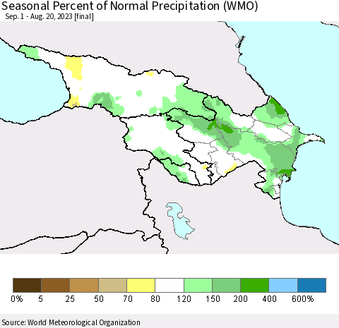 Azerbaijan, Armenia and Georgia Seasonal Percent of Normal Precipitation (WMO) Thematic Map For 9/1/2022 - 8/20/2023
