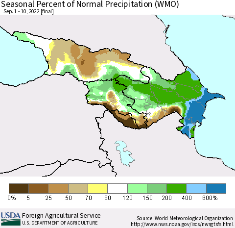 Azerbaijan, Armenia and Georgia Seasonal Percent of Normal Precipitation (WMO) Thematic Map For 9/1/2022 - 9/10/2022