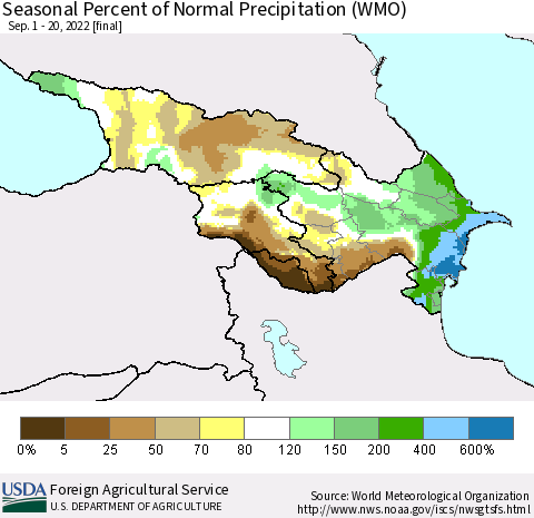 Azerbaijan, Armenia and Georgia Seasonal Percent of Normal Precipitation (WMO) Thematic Map For 9/1/2022 - 9/20/2022