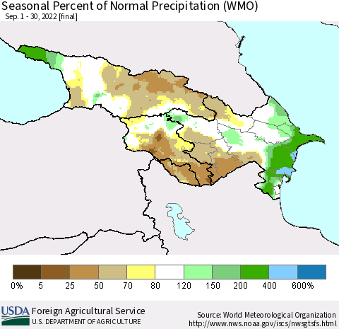 Azerbaijan, Armenia and Georgia Seasonal Percent of Normal Precipitation (WMO) Thematic Map For 9/1/2022 - 9/30/2022