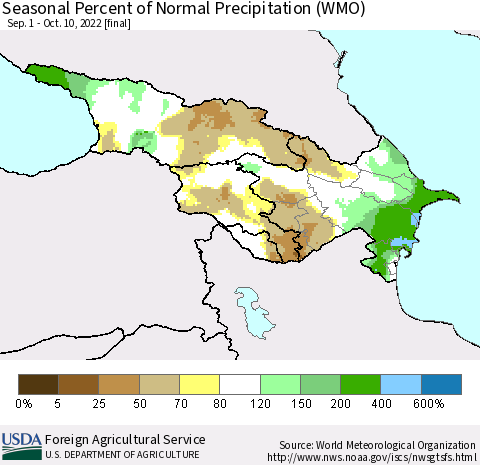 Azerbaijan, Armenia and Georgia Seasonal Percent of Normal Precipitation (WMO) Thematic Map For 9/1/2022 - 10/10/2022