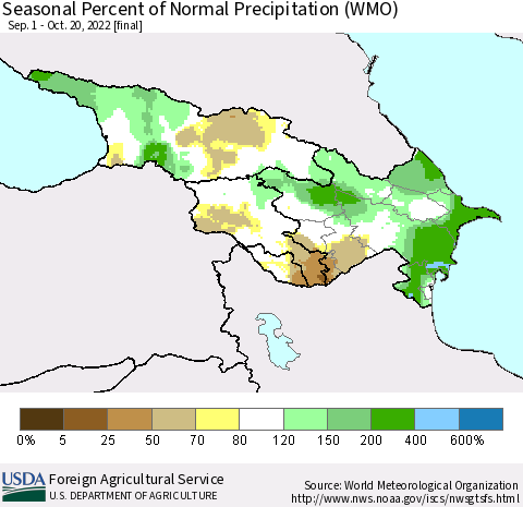 Azerbaijan, Armenia and Georgia Seasonal Percent of Normal Precipitation (WMO) Thematic Map For 9/1/2022 - 10/20/2022