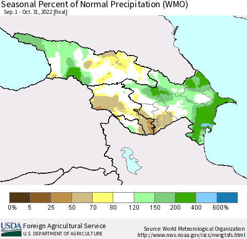 Azerbaijan, Armenia and Georgia Seasonal Percent of Normal Precipitation (WMO) Thematic Map For 9/1/2022 - 10/31/2022