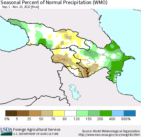 Azerbaijan, Armenia and Georgia Seasonal Percent of Normal Precipitation (WMO) Thematic Map For 9/1/2022 - 11/10/2022