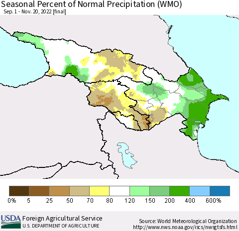 Azerbaijan, Armenia and Georgia Seasonal Percent of Normal Precipitation (WMO) Thematic Map For 9/1/2022 - 11/20/2022