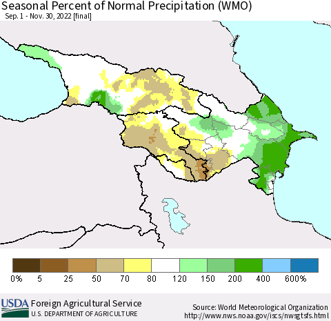 Azerbaijan, Armenia and Georgia Seasonal Percent of Normal Precipitation (WMO) Thematic Map For 9/1/2022 - 11/30/2022