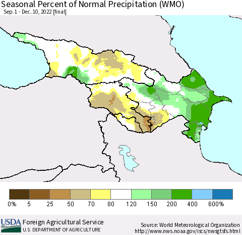 Azerbaijan, Armenia and Georgia Seasonal Percent of Normal Precipitation (WMO) Thematic Map For 9/1/2022 - 12/10/2022