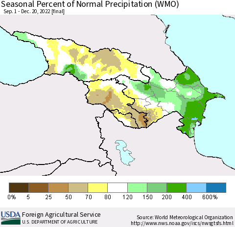 Azerbaijan, Armenia and Georgia Seasonal Percent of Normal Precipitation (WMO) Thematic Map For 9/1/2022 - 12/20/2022