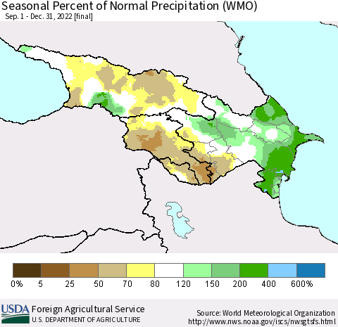 Azerbaijan, Armenia and Georgia Seasonal Percent of Normal Precipitation (WMO) Thematic Map For 9/1/2022 - 12/31/2022