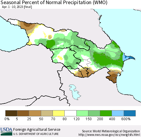 Azerbaijan, Armenia and Georgia Seasonal Percent of Normal Precipitation (WMO) Thematic Map For 4/1/2023 - 4/10/2023