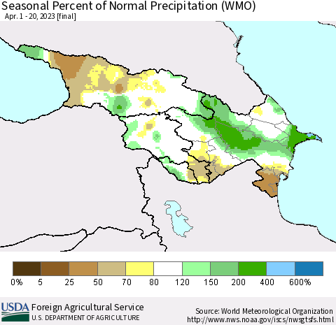 Azerbaijan, Armenia and Georgia Seasonal Percent of Normal Precipitation (WMO) Thematic Map For 4/1/2023 - 4/20/2023