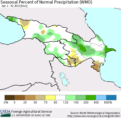 Azerbaijan, Armenia and Georgia Seasonal Percent of Normal Precipitation (WMO) Thematic Map For 4/1/2023 - 4/30/2023