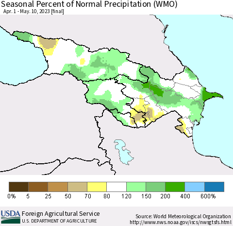 Azerbaijan, Armenia and Georgia Seasonal Percent of Normal Precipitation (WMO) Thematic Map For 4/1/2023 - 5/10/2023