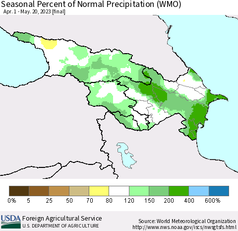 Azerbaijan, Armenia and Georgia Seasonal Percent of Normal Precipitation (WMO) Thematic Map For 4/1/2023 - 5/20/2023