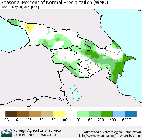 Azerbaijan, Armenia and Georgia Seasonal Percent of Normal Precipitation (WMO) Thematic Map For 4/1/2023 - 5/31/2023