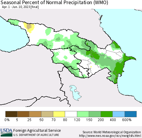 Azerbaijan, Armenia and Georgia Seasonal Percent of Normal Precipitation (WMO) Thematic Map For 4/1/2023 - 6/10/2023