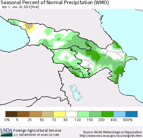 Azerbaijan, Armenia and Georgia Seasonal Percent of Normal Precipitation (WMO) Thematic Map For 4/1/2023 - 6/20/2023