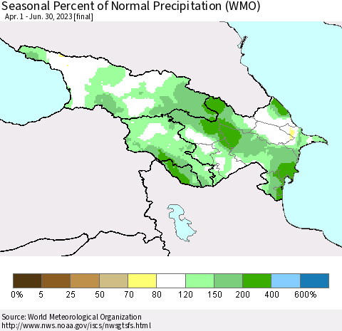 Azerbaijan, Armenia and Georgia Seasonal Percent of Normal Precipitation (WMO) Thematic Map For 4/1/2023 - 6/30/2023