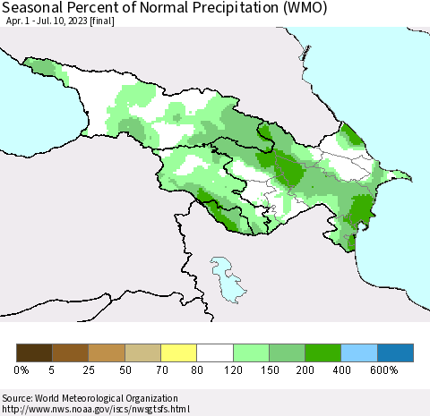 Azerbaijan, Armenia and Georgia Seasonal Percent of Normal Precipitation (WMO) Thematic Map For 4/1/2023 - 7/10/2023