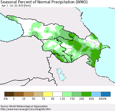 Azerbaijan, Armenia and Georgia Seasonal Percent of Normal Precipitation (WMO) Thematic Map For 4/1/2023 - 7/20/2023