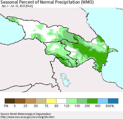 Azerbaijan, Armenia and Georgia Seasonal Percent of Normal Precipitation (WMO) Thematic Map For 4/1/2023 - 7/31/2023