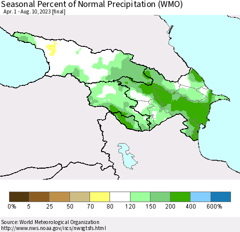 Azerbaijan, Armenia and Georgia Seasonal Percent of Normal Precipitation (WMO) Thematic Map For 4/1/2023 - 8/10/2023