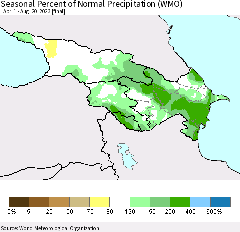 Azerbaijan, Armenia and Georgia Seasonal Percent of Normal Precipitation (WMO) Thematic Map For 4/1/2023 - 8/20/2023