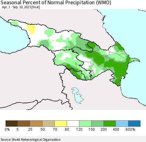Azerbaijan, Armenia and Georgia Seasonal Percent of Normal Precipitation (WMO) Thematic Map For 4/1/2023 - 9/10/2023