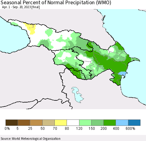 Azerbaijan, Armenia and Georgia Seasonal Percent of Normal Precipitation (WMO) Thematic Map For 4/1/2023 - 9/20/2023