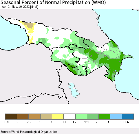 Azerbaijan, Armenia and Georgia Seasonal Percent of Normal Precipitation (WMO) Thematic Map For 4/1/2023 - 11/10/2023