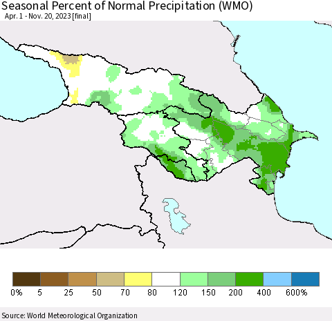 Azerbaijan, Armenia and Georgia Seasonal Percent of Normal Precipitation (WMO) Thematic Map For 4/1/2023 - 11/20/2023