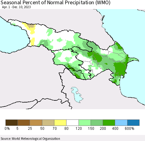 Azerbaijan, Armenia and Georgia Seasonal Percent of Normal Precipitation (WMO) Thematic Map For 4/1/2023 - 12/10/2023