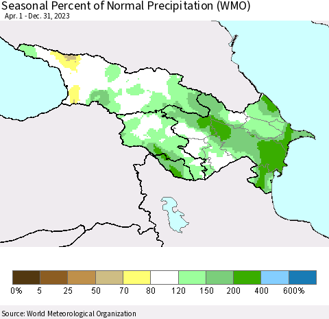 Azerbaijan, Armenia and Georgia Seasonal Percent of Normal Precipitation (WMO) Thematic Map For 4/1/2023 - 12/31/2023