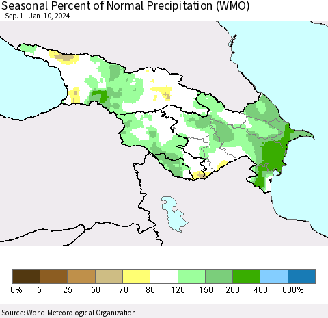 Azerbaijan, Armenia and Georgia Seasonal Percent of Normal Precipitation (WMO) Thematic Map For 9/1/2023 - 1/10/2024