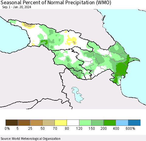 Azerbaijan, Armenia and Georgia Seasonal Percent of Normal Precipitation (WMO) Thematic Map For 9/1/2023 - 1/20/2024