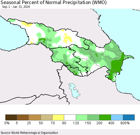 Azerbaijan, Armenia and Georgia Seasonal Percent of Normal Precipitation (WMO) Thematic Map For 9/1/2023 - 1/31/2024