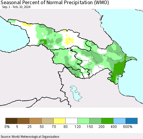Azerbaijan, Armenia and Georgia Seasonal Percent of Normal Precipitation (WMO) Thematic Map For 9/1/2023 - 2/10/2024