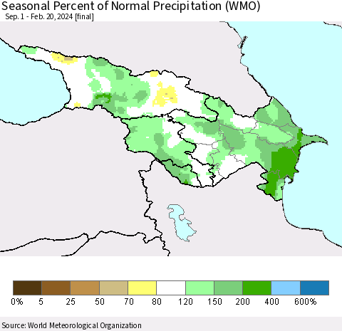 Azerbaijan, Armenia and Georgia Seasonal Percent of Normal Precipitation (WMO) Thematic Map For 9/1/2023 - 2/20/2024
