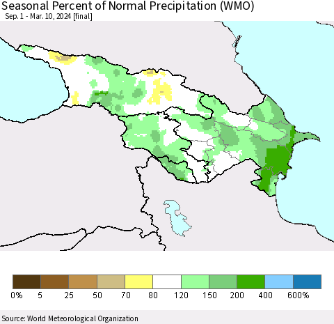 Azerbaijan, Armenia and Georgia Seasonal Percent of Normal Precipitation (WMO) Thematic Map For 9/1/2023 - 3/10/2024