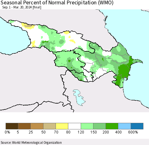 Azerbaijan, Armenia and Georgia Seasonal Percent of Normal Precipitation (WMO) Thematic Map For 9/1/2023 - 3/20/2024