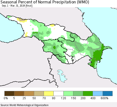 Azerbaijan, Armenia and Georgia Seasonal Percent of Normal Precipitation (WMO) Thematic Map For 9/1/2023 - 3/31/2024