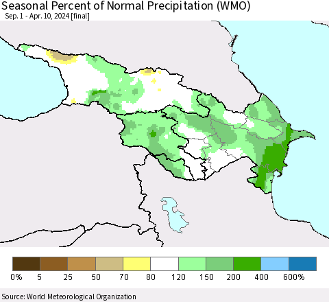 Azerbaijan, Armenia and Georgia Seasonal Percent of Normal Precipitation (WMO) Thematic Map For 9/1/2023 - 4/10/2024