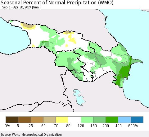 Azerbaijan, Armenia and Georgia Seasonal Percent of Normal Precipitation (WMO) Thematic Map For 9/1/2023 - 4/20/2024