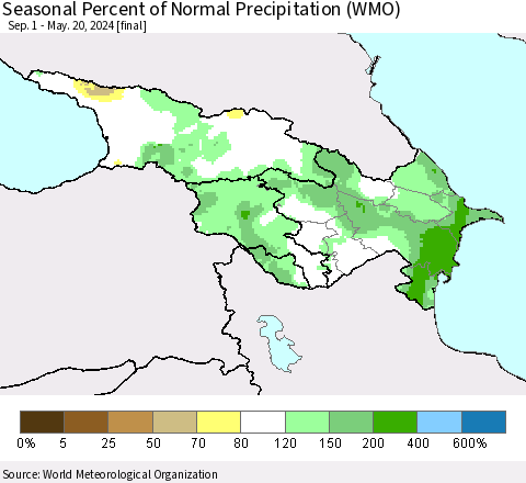 Azerbaijan, Armenia and Georgia Seasonal Percent of Normal Precipitation (WMO) Thematic Map For 9/1/2023 - 5/20/2024